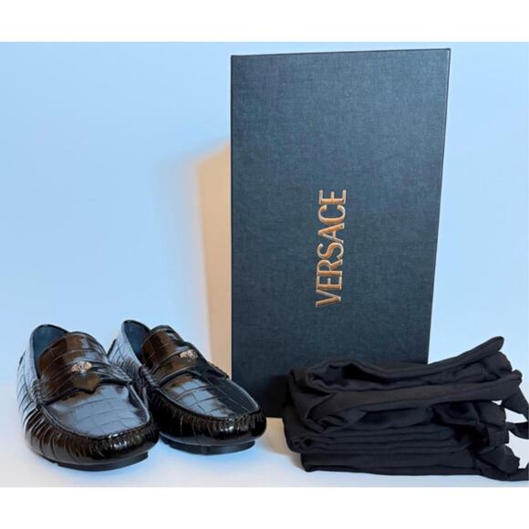 VERSACE Croc-Effect Men\'s Leather Driver Shoes Black 8 US (41) 1013960 NIB $850 main image 11